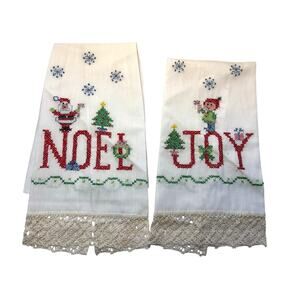 Vintage Handmade Cross Stitch Linen Christmas Tea Towel Set Noel Joy 14x22"